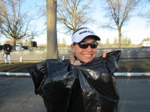 Wearing a trash bag pre-race to keep warm. Yes, its ghetto. But it works. 