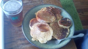 Post-run pancakes, pumpkin butter, maple syrup, and beer. 